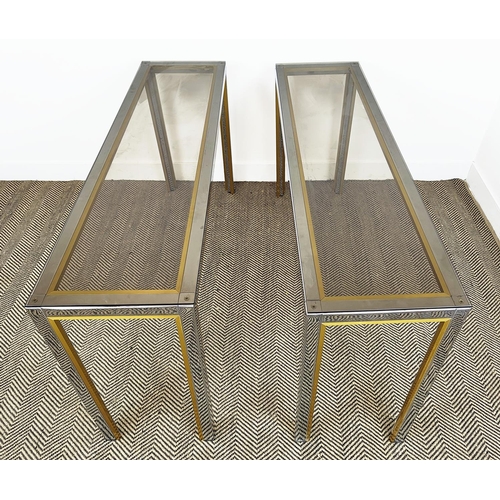 431 - RENATO ZEVI CONSOLE TABLES, a pair, Italian 1970s chrome and gilt metal with smoked glass tops, 73cm... 