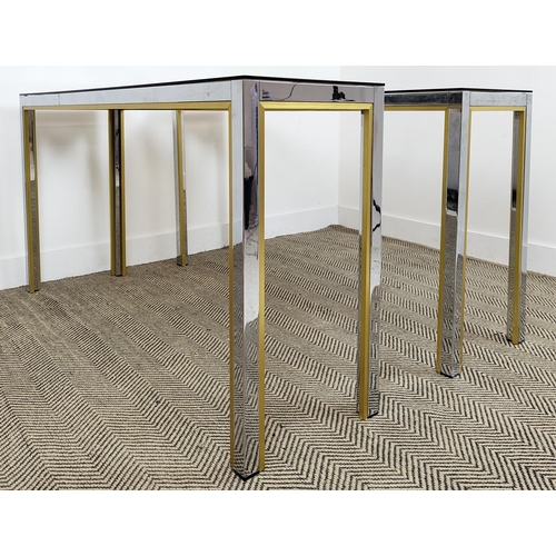 431 - RENATO ZEVI CONSOLE TABLES, a pair, Italian 1970s chrome and gilt metal with smoked glass tops, 73cm... 