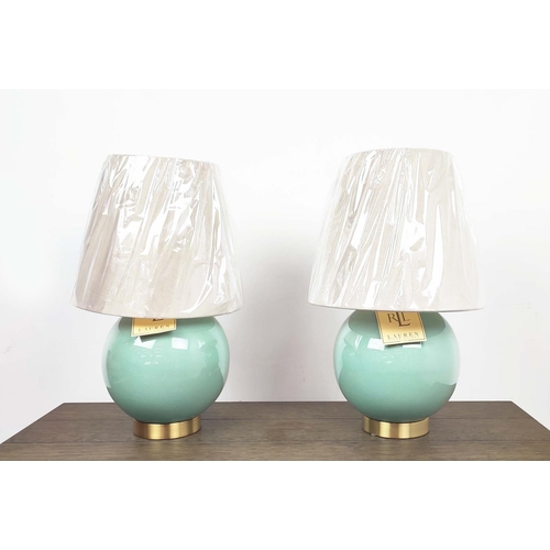 436 - LAUREN RALPH LAUREN HOME TABLE LAMPS, a pair, blue glazed ceramic and gilt metal, wit shades, 47cm H... 