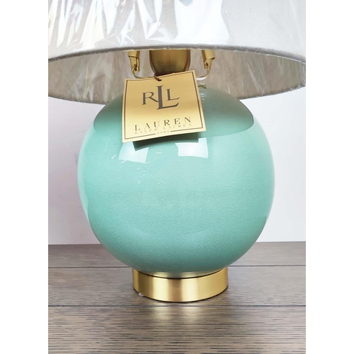 436 - LAUREN RALPH LAUREN HOME TABLE LAMPS, a pair, blue glazed ceramic and gilt metal, wit shades, 47cm H... 