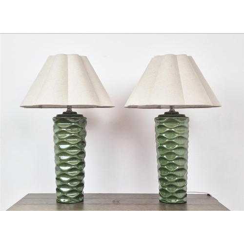 441 - TABLE LAMPS, a pair, green glazed ceramic, with shades, 64cm H approx. (2)