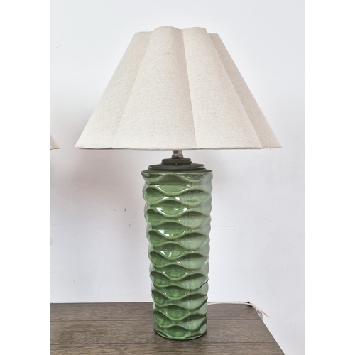 441 - TABLE LAMPS, a pair, green glazed ceramic, with shades, 64cm H approx. (2)