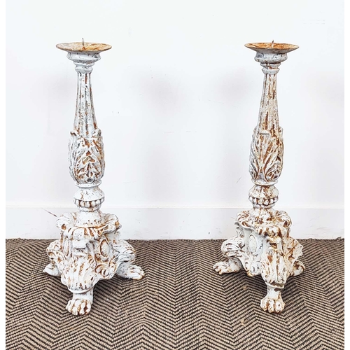 454 - CAST METAL CANDLESTICKS, a pair, 66cm H. (2)