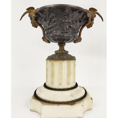 8 - A PAIR OF LOUIS PHILLIPE STYLE MARBLE AND BRONZE URNS, 19th century, that twin handled, urns on flut... 