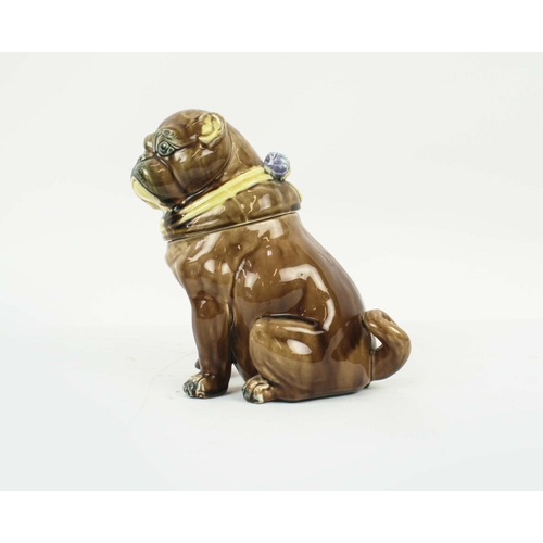 9 - MAJOLICA PUG DOG TOBACCO JAR, brown glaze with yellow collar, lidded head with green interior glaze,... 