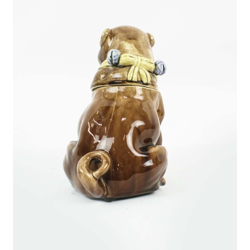 9 - MAJOLICA PUG DOG TOBACCO JAR, brown glaze with yellow collar, lidded head with green interior glaze,... 