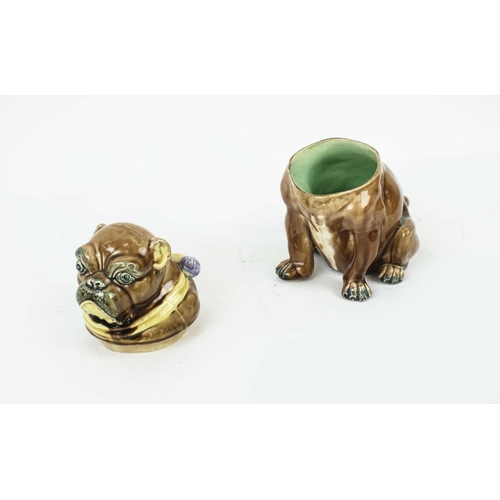 9 - MAJOLICA PUG DOG TOBACCO JAR, brown glaze with yellow collar, lidded head with green interior glaze,... 