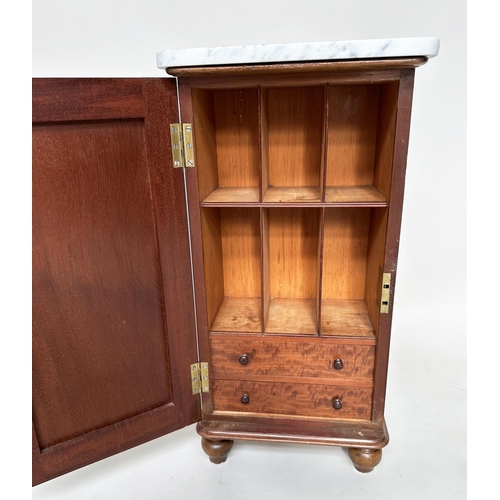 101 - SIDE CABINET, Victorian mahogany, Carrara marble top with panelled door and shelf fitted interior an... 