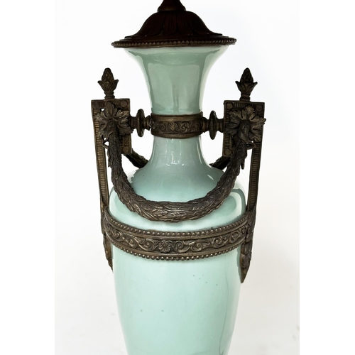 103 - TABLE LAMP, Italian vase form green glass and gilt metal mounted with shade, 79cm H.