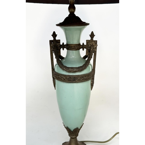 103 - TABLE LAMP, Italian vase form green glass and gilt metal mounted with shade, 79cm H.