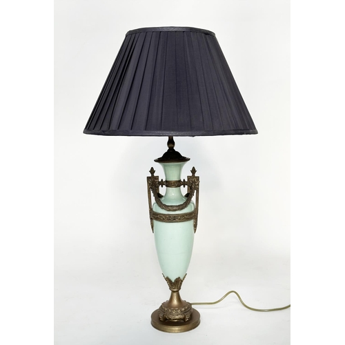 103 - TABLE LAMP, Italian vase form green glass and gilt metal mounted with shade, 79cm H.