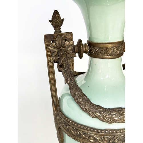 103 - TABLE LAMP, Italian vase form green glass and gilt metal mounted with shade, 79cm H.