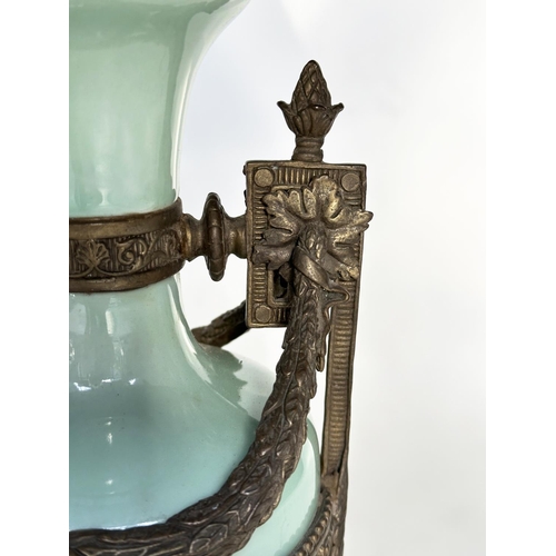 103 - TABLE LAMP, Italian vase form green glass and gilt metal mounted with shade, 79cm H.