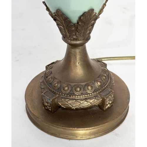 103 - TABLE LAMP, Italian vase form green glass and gilt metal mounted with shade, 79cm H.