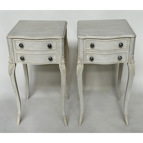 104 - BEDSIDE/LAMP TABLES, a pair, Italian Louis XV style grey painted, each with drawer and shaped suppor... 