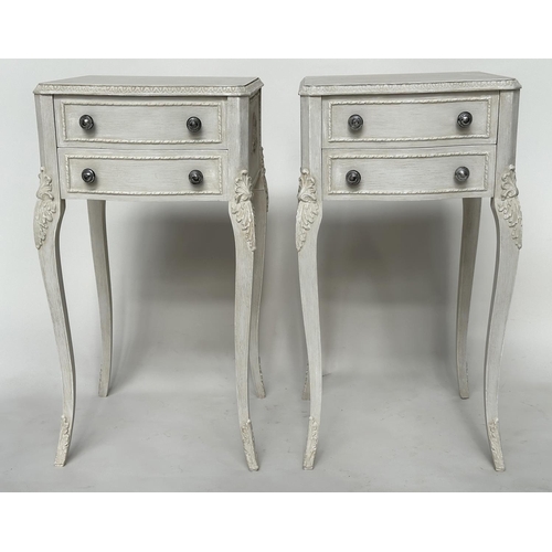 104 - BEDSIDE/LAMP TABLES, a pair, Italian Louis XV style grey painted, each with drawer and shaped suppor... 