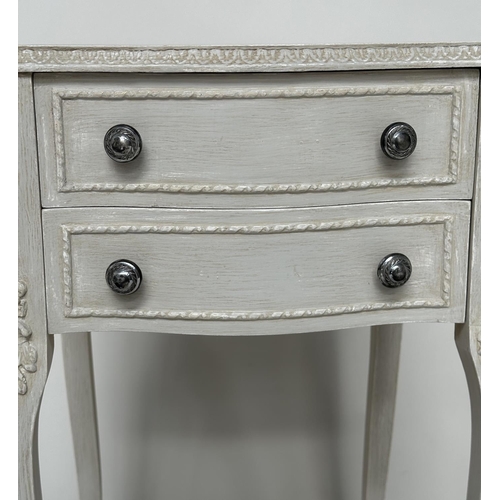 104 - BEDSIDE/LAMP TABLES, a pair, Italian Louis XV style grey painted, each with drawer and shaped suppor... 