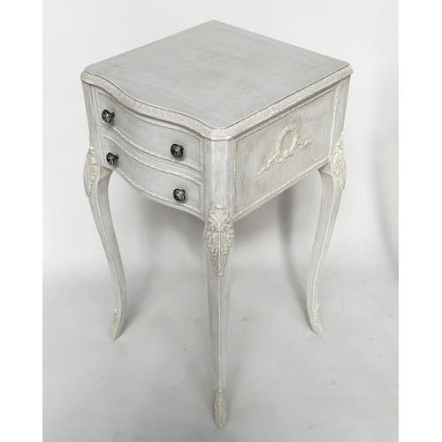 104 - BEDSIDE/LAMP TABLES, a pair, Italian Louis XV style grey painted, each with drawer and shaped suppor... 