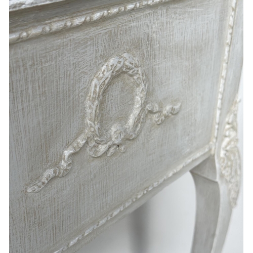 104 - BEDSIDE/LAMP TABLES, a pair, Italian Louis XV style grey painted, each with drawer and shaped suppor... 