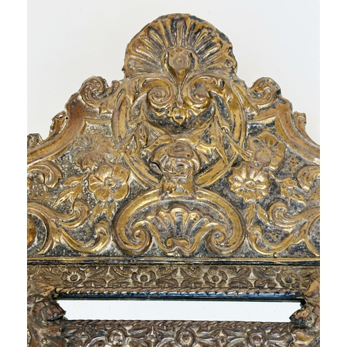 109 - WALL MIRRORS, a near pair, late/early 20th century Dutch style repoussé silvered, each with cushion ... 