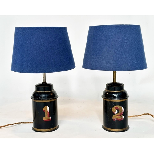 120 - TEA CANISTER LAMPS, a pair, vintage early 20th century toleware, each numbered, 48cm H. (2)