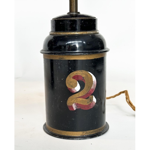 120 - TEA CANISTER LAMPS, a pair, vintage early 20th century toleware, each numbered, 48cm H. (2)