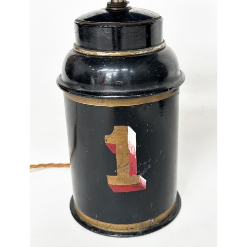 120 - TEA CANISTER LAMPS, a pair, vintage early 20th century toleware, each numbered, 48cm H. (2)