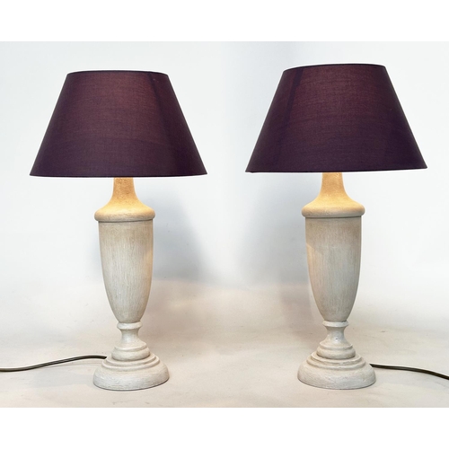 123 - TABLE LAMPS, a pair, vase form grey painted with shades, 55cm H. (2)