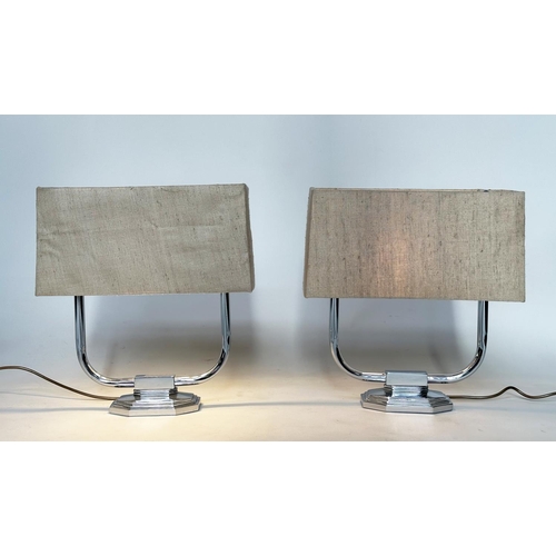 128 - TABLE LAMPS, a pair, 1970s chrome, each with two branch candelabra and rectangular linen shade, 43cm... 