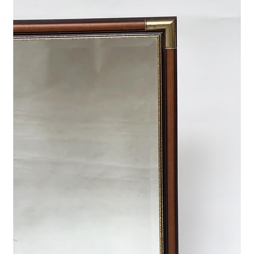 153 - WALL MIRROR, rectangular fruitwood and gilded with bevelled mirror plate and gilt metal corners, 65c... 