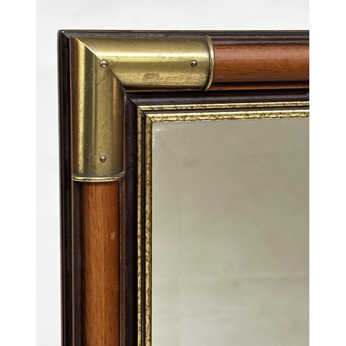 153 - WALL MIRROR, rectangular fruitwood and gilded with bevelled mirror plate and gilt metal corners, 65c... 