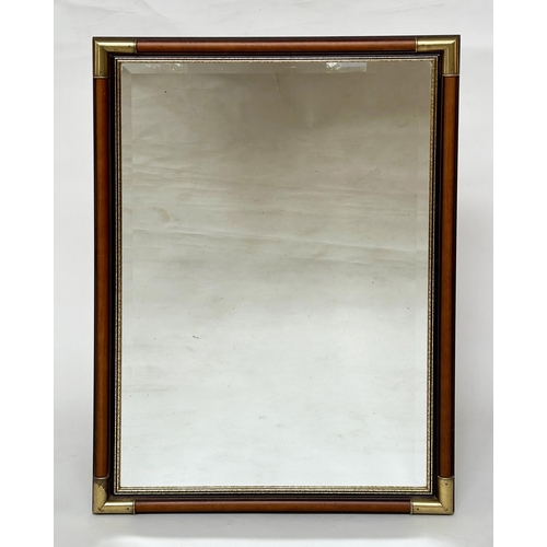 153 - WALL MIRROR, rectangular fruitwood and gilded with bevelled mirror plate and gilt metal corners, 65c... 