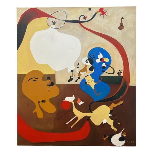 64 - AFTER JOAN MIRO, 'Portrait of Mistress Mills' and 'Dutch Interior II', oils on canvas, each 100cm x ... 