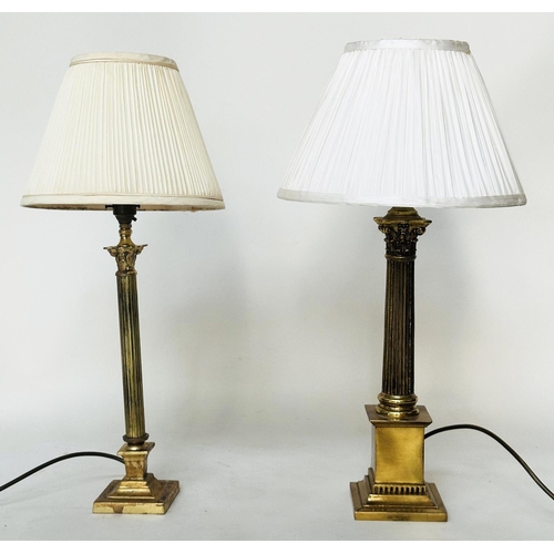 107 - COLUMN TABLE LAMPS, neo classical gilt metal each Corinthian capped with stepped plinth bases and pl... 