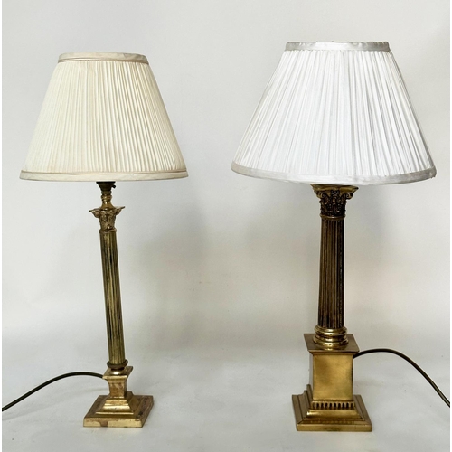 107 - COLUMN TABLE LAMPS, neo classical gilt metal each Corinthian capped with stepped plinth bases and pl... 