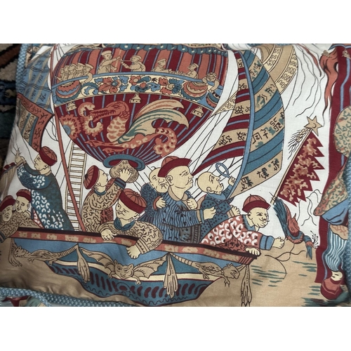 111 - CUSHIONS, nine Country House style including two Turkoman, two depicting hot air balloons and one ar... 