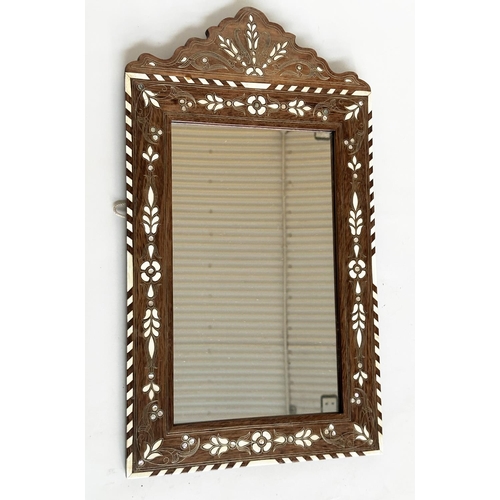 112 - SYRIAN WALL MIRROR, rectangular hardwood with bone and mother of pearl inlay, 63cm H x 36cm W.