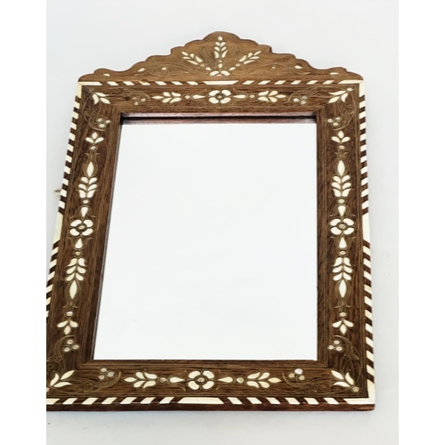 112 - SYRIAN WALL MIRROR, rectangular hardwood with bone and mother of pearl inlay, 63cm H x 36cm W.