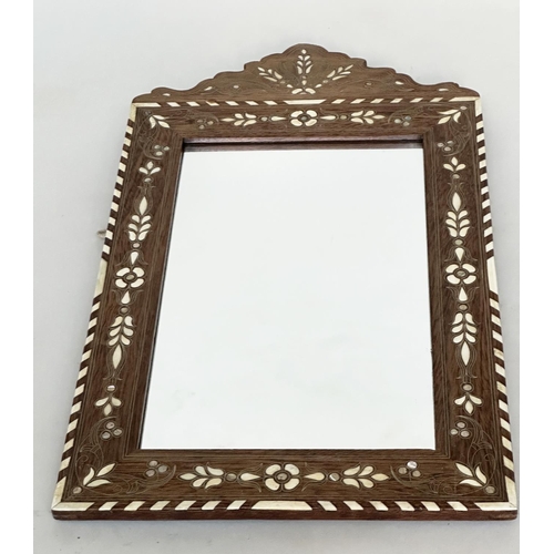 112 - SYRIAN WALL MIRROR, rectangular hardwood with bone and mother of pearl inlay, 63cm H x 36cm W.