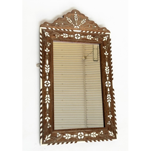 112 - SYRIAN WALL MIRROR, rectangular hardwood with bone and mother of pearl inlay, 63cm H x 36cm W.