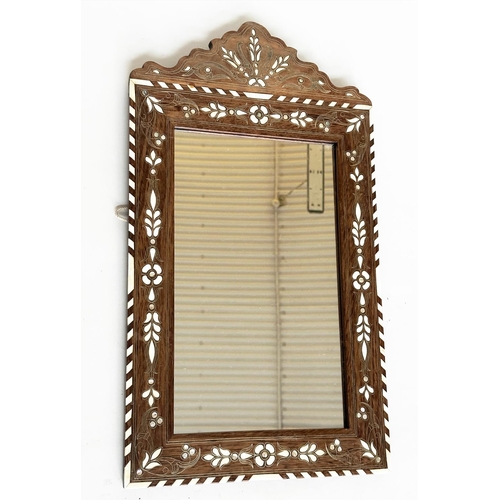 112 - SYRIAN WALL MIRROR, rectangular hardwood with bone and mother of pearl inlay, 63cm H x 36cm W.