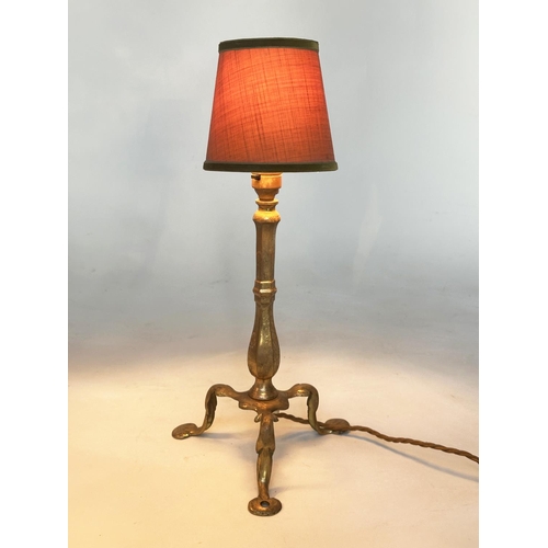 113 - SHIPS TABLE LAMPS, two similar 19th century adapted, each brass, with splayed tripod supports and ma... 