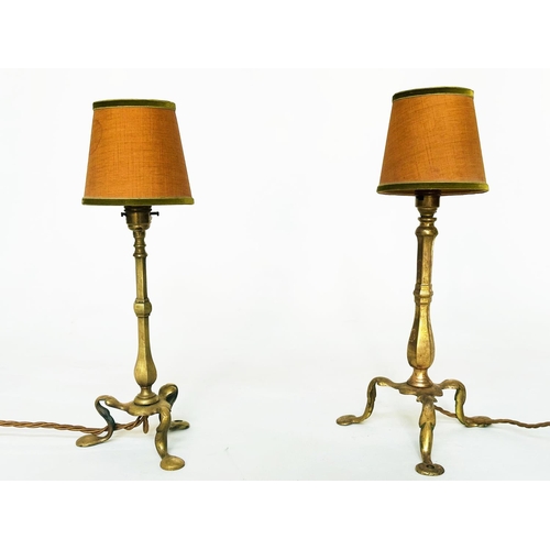 113 - SHIPS TABLE LAMPS, two similar 19th century adapted, each brass, with splayed tripod supports and ma... 