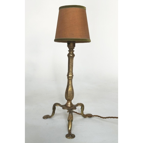 113 - SHIPS TABLE LAMPS, two similar 19th century adapted, each brass, with splayed tripod supports and ma... 