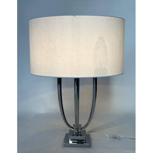 116 - TABLE LAMP, contemporary chrome with four branch candelabra and linen drum shade, 69cm H.