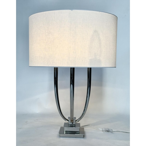 116 - TABLE LAMP, contemporary chrome with four branch candelabra and linen drum shade, 69cm H.