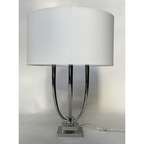 116 - TABLE LAMP, contemporary chrome with four branch candelabra and linen drum shade, 69cm H.