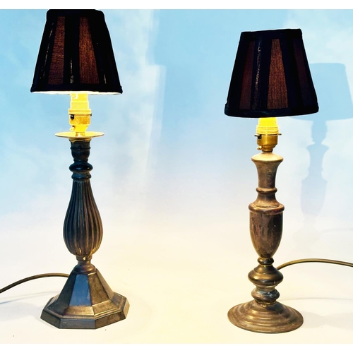 126 - TABLE LAMPS, two patinated brass column form, with shades, 45cm H taller. (2)