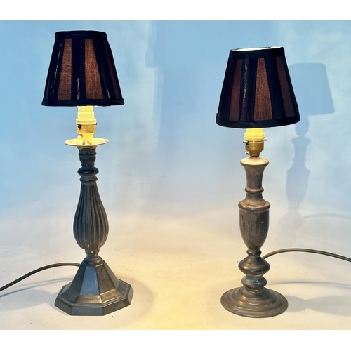 126 - TABLE LAMPS, two patinated brass column form, with shades, 45cm H taller. (2)