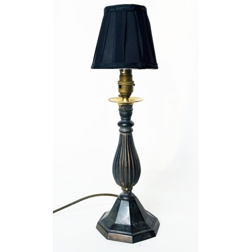 126 - TABLE LAMPS, two patinated brass column form, with shades, 45cm H taller. (2)